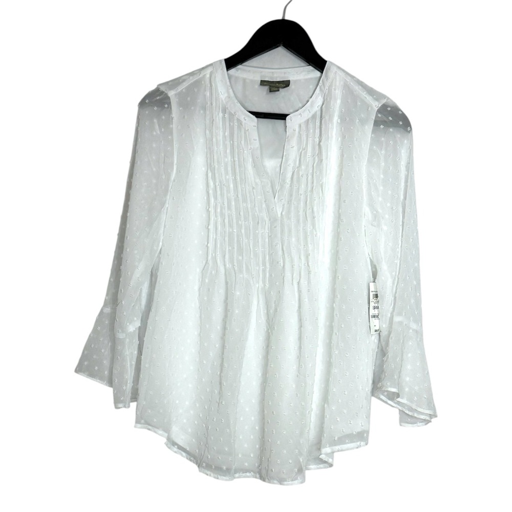 NWT Style & Co Bright White Swiss Dot Pintuck Blouse Top Sheer Long Sleeve Small